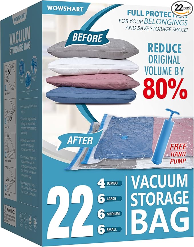 22 Vacuum Storage Bags with Hand Pump, 80% Space Saver Vacuum Seal Storage Bags for Clothing, Travel Lugggage, Blankets, Comforters