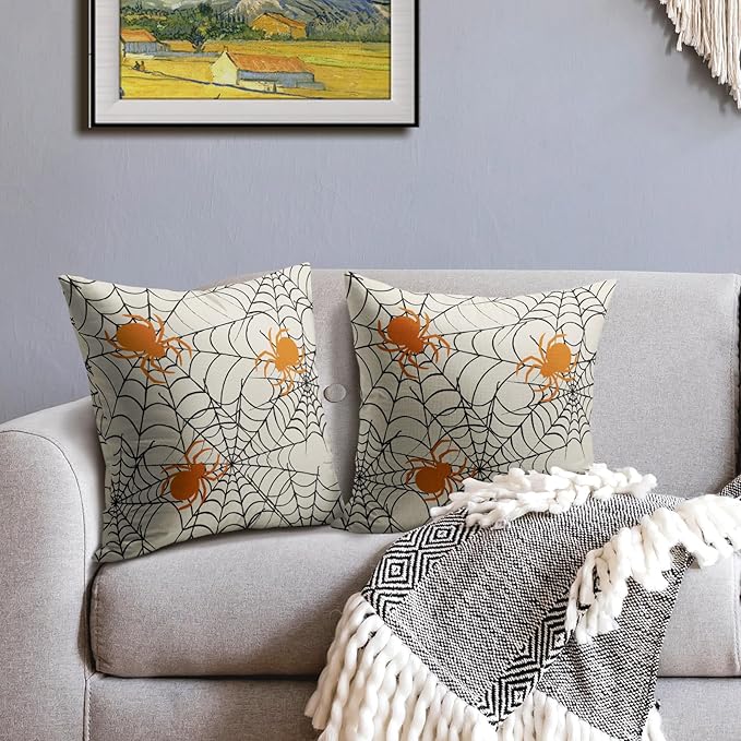 Halloween Spiderweb Pillow Covers 18x18 Set of 2 Cream Black Spider Web Orange Spider Outdoor Decorative Throw Pillows Scary Farmhouse Pillowcases Linen Cushion Case Decor for Home Sofa Couch Bed