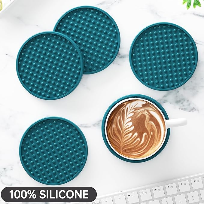 HFHOME Silicone Coasters Set with Holder, 6 Pack for Coffee Table, Bar Coasters for Home Decor Tabletop Protection - Blue