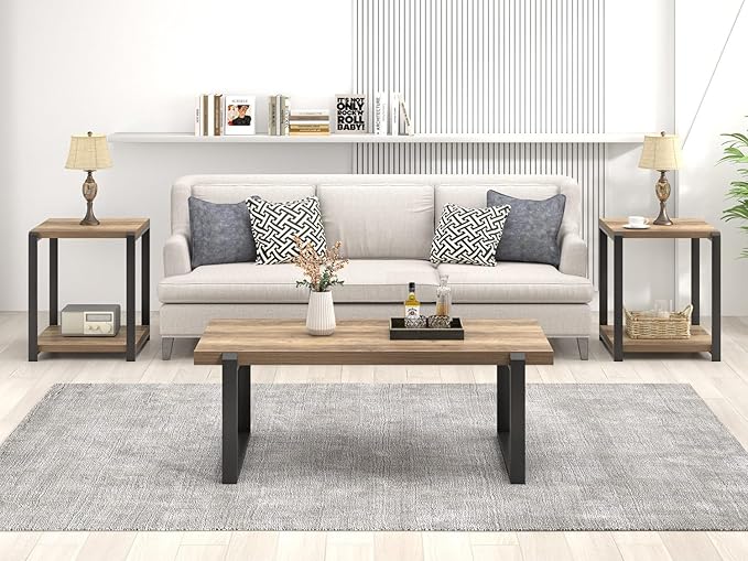 FOLUBAN Coffee Table, Modern Rustic Wood and Metal Center Table, Industrial Cocktail Tea Table for Living Room, Oak, 44 Inch