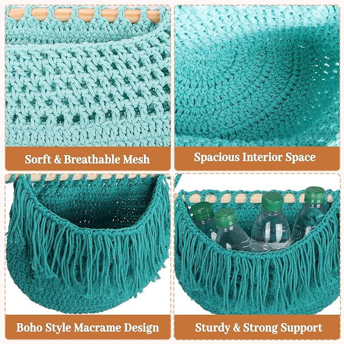 4 Tier Hanging Fruit Basket for Kitchen, 4 Pack Detachable Cotton Crocheted Wall Hanging Basket Over Door Organizer for Fruit Veggie Plant, Hanging Shelves for Bedroom Bathroom (Mixed Color)