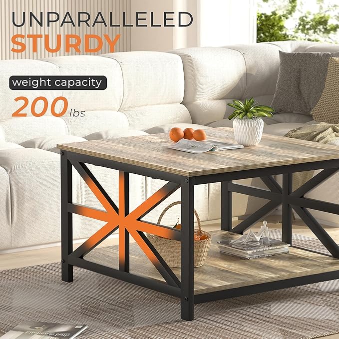 GreenForest Coffee Table with Storage for Living Room, Small Square Center Tables with Seamless One-Piece Tabletop Farmhouse Style, Grey Wash