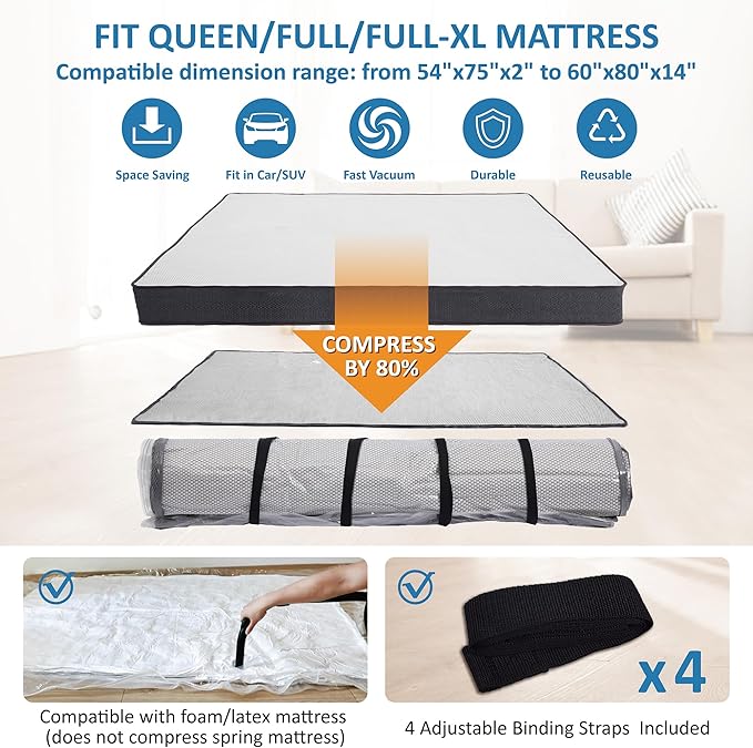 Queen/Full/Full-XL Foam Mattress Vacuum Bag for Moving, Vacuum Seal Mattress Bag with Straps