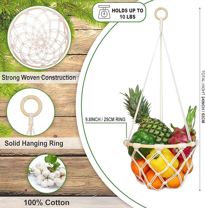 Single Tier Macrame Hanging Fruit Basket, Boho Vegetable Holder for Kitchen Food Storage with Hook, Bohemian Cotton Produce Organizer, Plant Hanger Decor for Home Bathroom Bedroom Women Christmas Gift