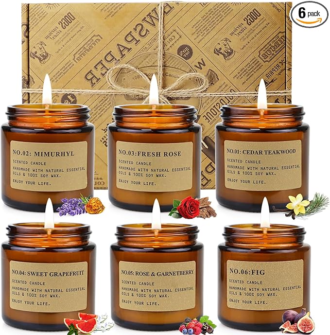 Candles for Home Scented,6Pack Soy Wax Candle Sets,Aromatherapy Candle Gift Set for Women,150 Hours Long Burn Time, Amber Jar Candle Candles Gift for Birthday