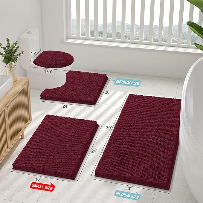 Smiry Luxury Chenille Bathroom Rugs 40x32, Extra Soft and Absorbent Shaggy Bath Mat, Machine Washable, Non-Slip Plush Carpet Runner for Tub, Shower, and Floor, Home Decor Accessories, Burgundy