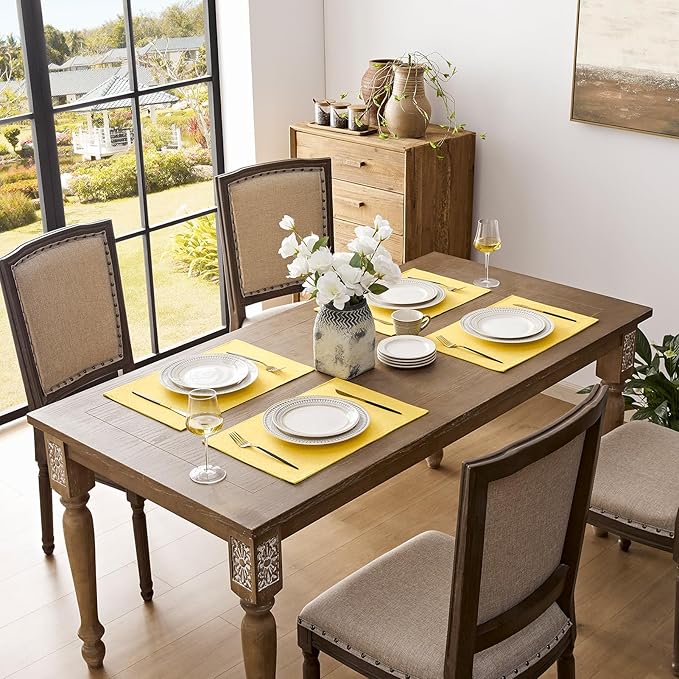 Romanstile Cloth Placemats Set of 4-12 x 18 Inch, Heat Resistant Double Layered Thickened Burlap Place Mats, Washable Faux Linen Farmhouse Table Mats for Kitchen/Dining/Party/Outdoor, Yellow