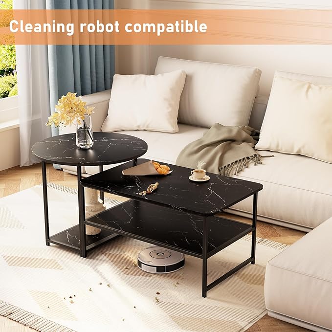 WOHOMO Coffee Table, Black Modern Coffee Tables for Living Room 2 in 1Detachable Small Center Table Set with Storage, Black Marble