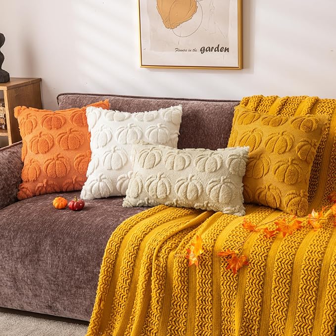Beige Pumpkin Fall Decorative Throw Pillow Covers 20"x20", Set of 2 Soft Faux Fur Pillow Covers for Autumn Harvest, Fluffy Plush Accent Pillow Cases for Farmhouse Couch Cushion Covers