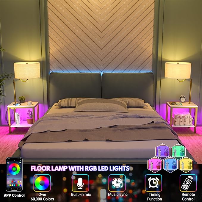 LED Floor Lamp with Table, Side Table with LED Light and Power Outlet, Nightstand with Lamp, End Table with Lamp Attached for Living Room, Bedroom, USB Ports, Bulb Included, White, 2 Pack