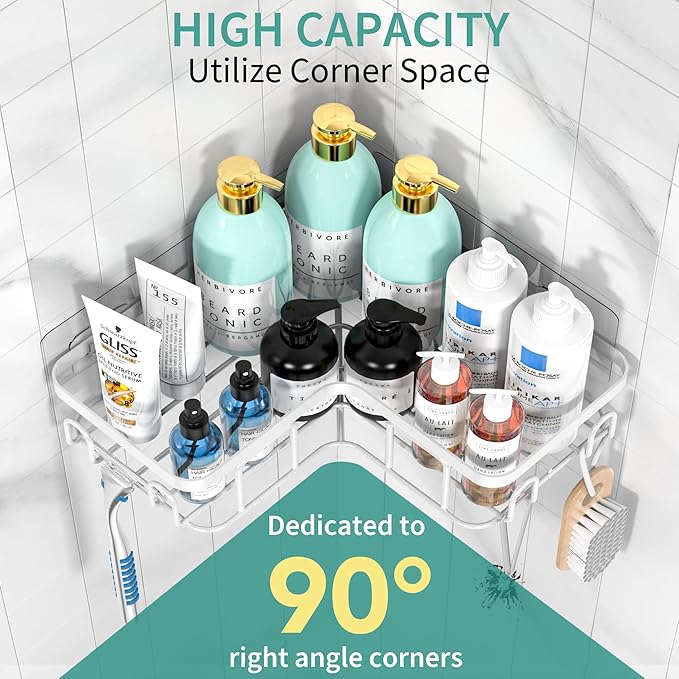 Moforoco Corner Shower Caddy, 3 Pack Organizer with Soap Holder and 12 Hooks, Adhesive Shelves Rustproof for Bathroom, Storage Basket with Accessories (White)