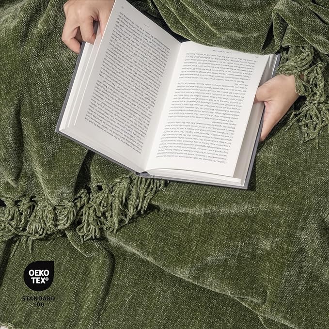 EVERGRACE Soft Chenille Throw Blanket for Couch, Cozy Plush Fuzzy Decorative Chenille Knit Throw Blanket with Tassels, Lightweight Blanket and Throws for Bed Sofa Gift Home Decor, Olive Green 60"x80"