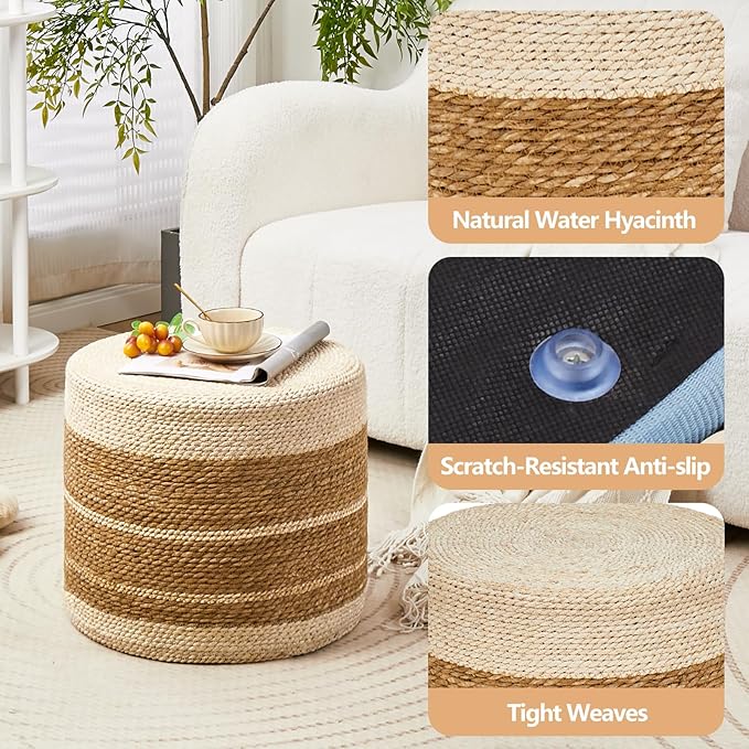 Cplxroc Ottoman Poof, Natural Seagrass Poufs, Hand Weave Round Footstool, Pouffe Accent Chair, Home Decorative Seat, Boho Deco Floor Chair for Living Room, Bedroom (18inch 68LG)