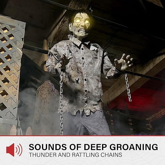 Haunted Hill Farm Motion-Activated 6-Ft. Tall Guard Zombie, Plug-in Scare Prop Animatronic with Spooky Sound Effects and Lights for Indoor or Covered Outdoor Creepy Halloween Decoration