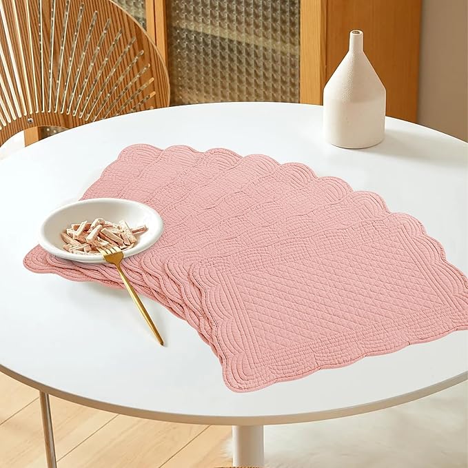 HOMBYS Quilted Placemats Set of 6 Washable-13x18 inches Rectangular Placemats for Kitchen Table-100% Cotton Fabric Rectangular Table Mats, (Blush)