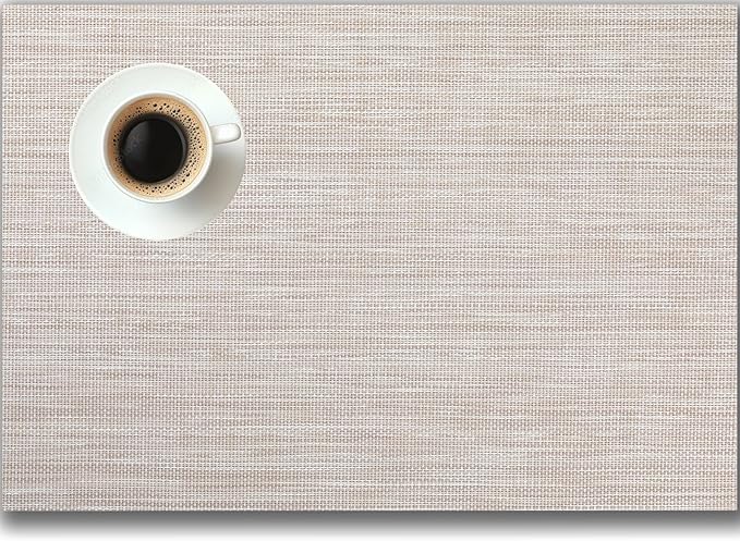 Placemats Set of 6 - Easy Clean Woven Vinyl Placemats for Dining Table, Indoor/Outdoor Place Mats, Washable PVC Table Mats(Beige)