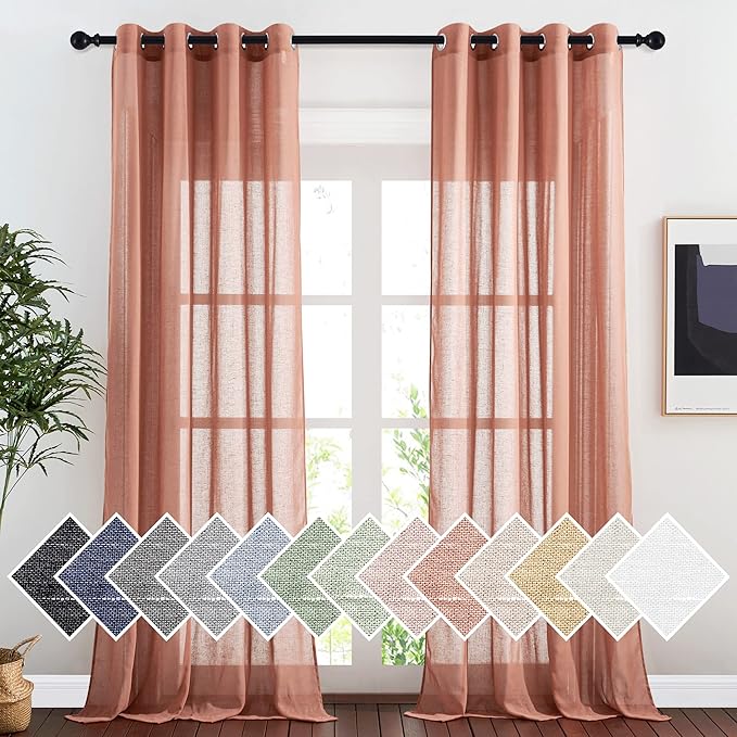 NICETOWN Linen Semi Sheer Curtains, Grommet Top Rustic Farmhouse Linen Curtains & Drapes Privacy with Light Through Drapes for Bedroom/Home Office, Terracotta=Burnt Orange, W52 x L96, 1 Pair