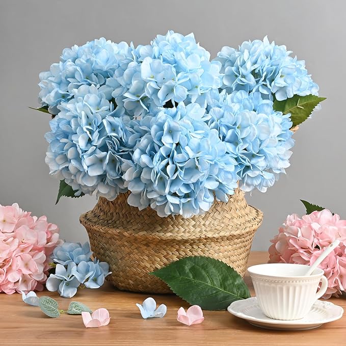 BLEUM CADE 8 Pcs Blue Hydrangea Artificial Flowers with Realistic Stems, 18In Large Fake Blue Flowers, Faux Flower for Home Party Decor Outdoor Wedding Bouquets Table Centerpieces Decoration