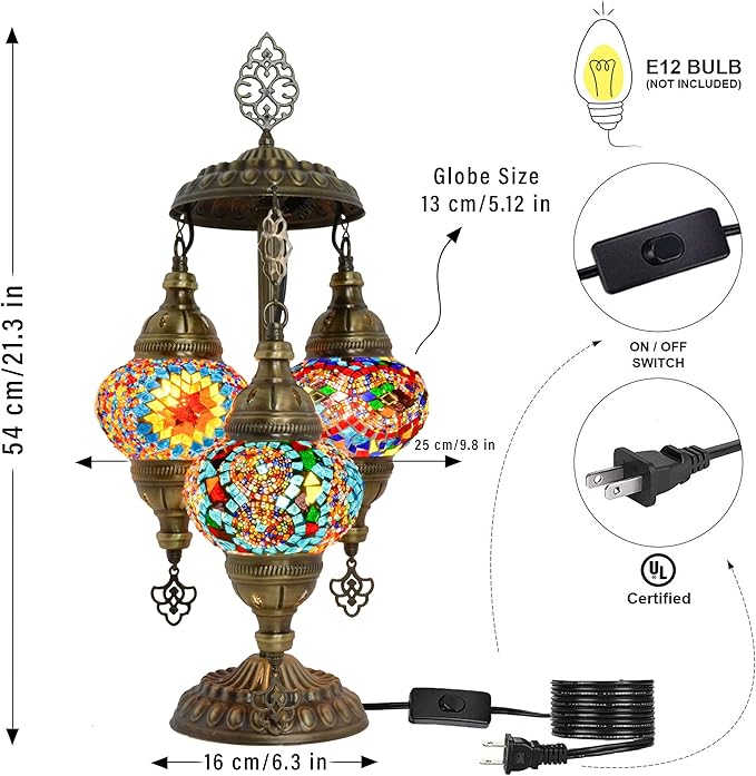 mozaist Tiffany Style Turkish Stained Glass Table Lamp, 3 Globe Mosaic Moroccan Desk Light, Bohemian Vintage Bedroom Nightstand, Antique Handmade Rustic Decor Colorful Lighting (Cappadocia Balloon)