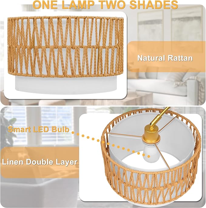 Rattan Floor Lamp for Living Room Arc Boho Floor Lamp with Rattan & Linen Double Shades Adjustable Tall Wicker Lamps with 3 Color Temperatures for Bedroom Office Reading,Gold