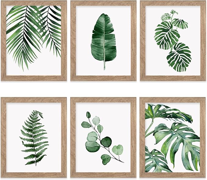 Framed Botanical Wall Art Prints Set of 6 - Tropical Leaves Canvas With Frame, Plant Leaf Boho Pictures, Green Art Posters for Bedroom (Leaf Wall Art, 8"x10" Framed)