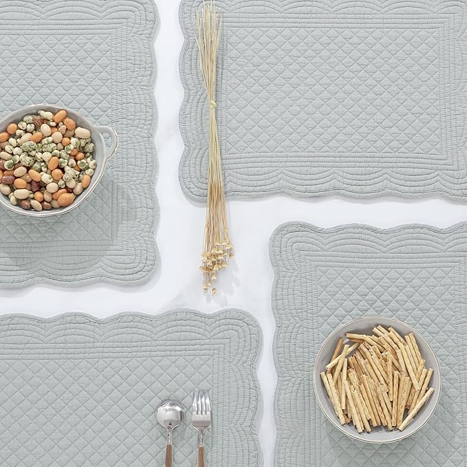 HOMBYS Quilted Placemats Set of 6 Washable-13x18 inches Rectangular Placemats for Kitchen Table-100% Cotton Fabric Rectangular Table Mats, (Light Grey)