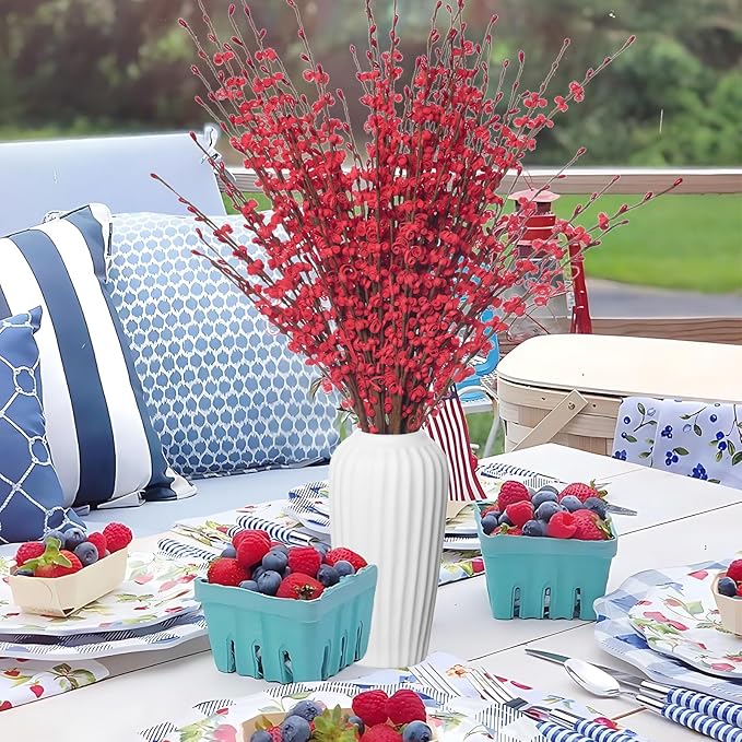 5 Pcs Jasmine Flowers Artificial Red Flowers 29.5" Long Stems Patriotic Picks with Mini Red Berry for DIY Floral Art Plant Wedding Home Office Table Decorations