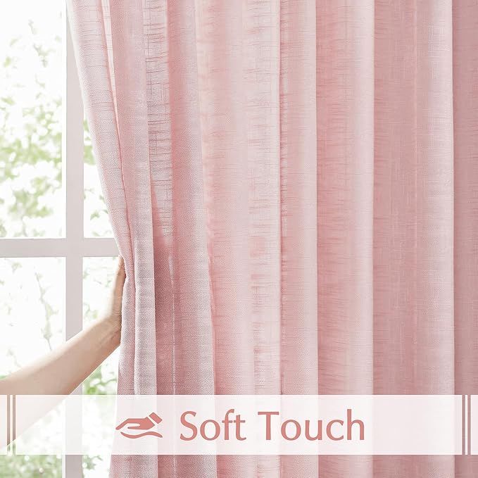 FMFUNCTEX Pink Sliding Door Curtains 84" Living Room Linen Semi Sheer Curtains 100" Width Extra Wide Room Divider Bedroom Drapes Linen Textured Semi Sheer Window Panels Blush Pink Rod Pocket 1 Panel