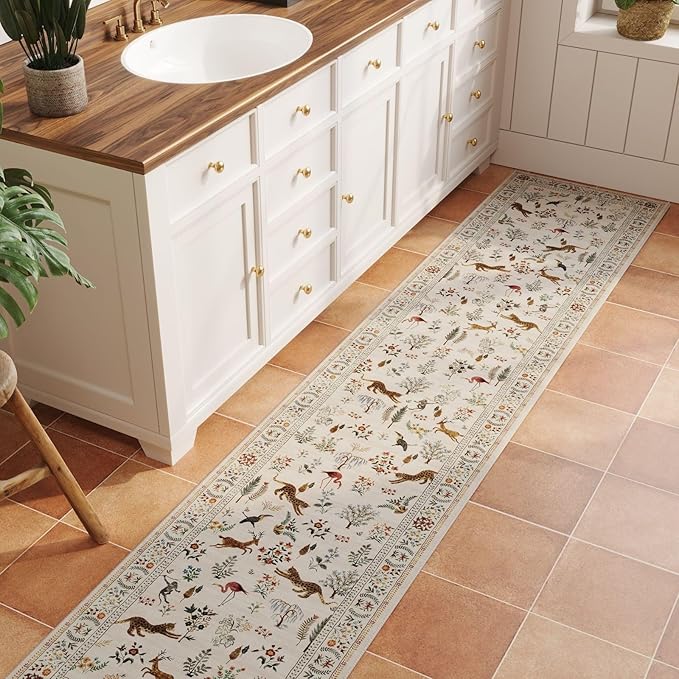 Runners for Kitchen Runner Rug Non Slip 2'x10' Long Washable Rugs with Rubber Backing Soft Floral Animal Carpet Runner for Kitchen, Laundry, Bedroom, Bathroom (Beige)
