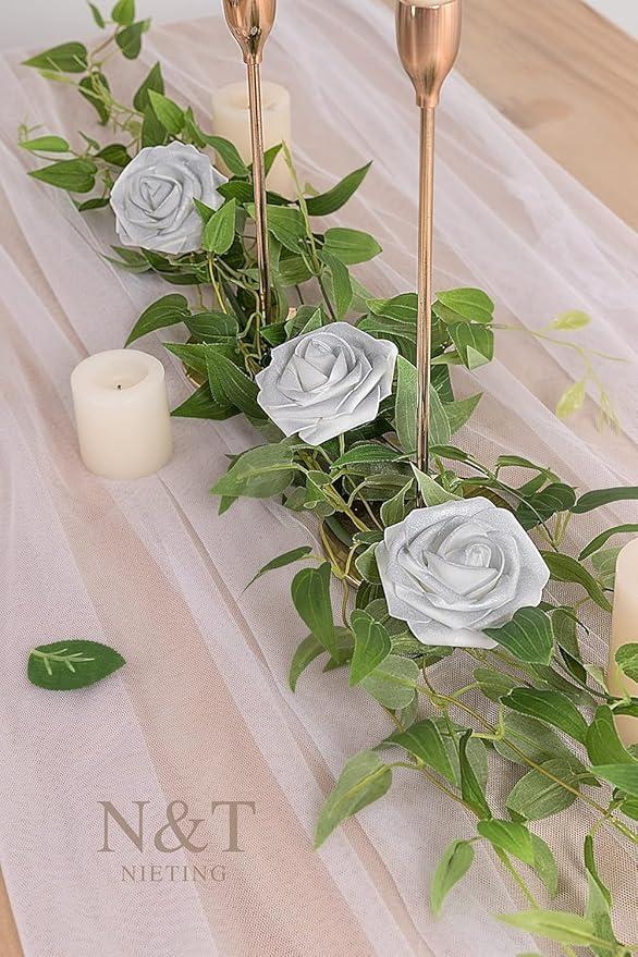 N&T NIETING Artificial Flowers, 50pcs Fake Flowers Roses with Stem for DIY Wedding Bouquets Centerpieces Bridal Shower Party Home Decoration, Silver White