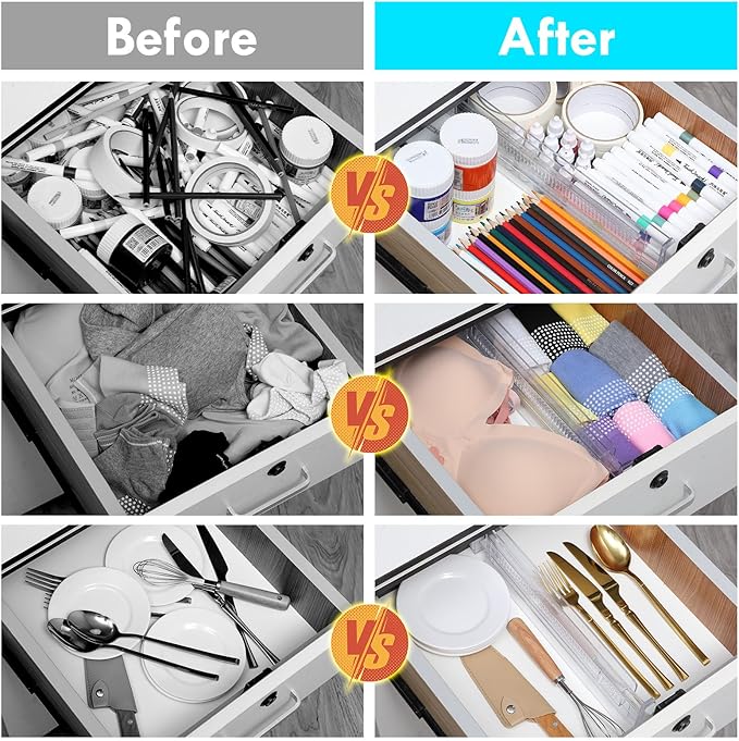 Drawer Dividers, 4 Pack Adjustable Drawer Organizers 3.2" High Expandable from 11.3-20" Clear Expandable Dresser Organizer for Clothes Kitchen Utensils Cutlery Drawer Organizers Set