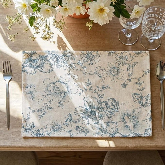 JINCHAN Floral Placemats Set of 4 Farmhouse Linen Placemats Cloth Table Mats Holiday Seasonal Rustic for Kitchen Dining Table Decor Heat Resistant Washable Tablemats 13x19 Inch Blue
