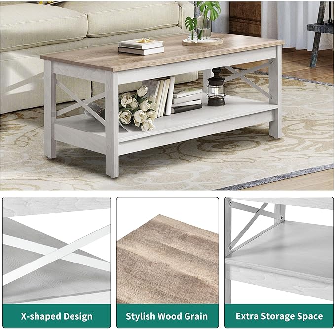YITAHOME Coffee Tables for Living Room, Modern Farmhouse Coffee Table with Storage, 2-Tier Center Table Wood Living Room Table Accent Cocktail with Sturdy Frame, Grey Wash