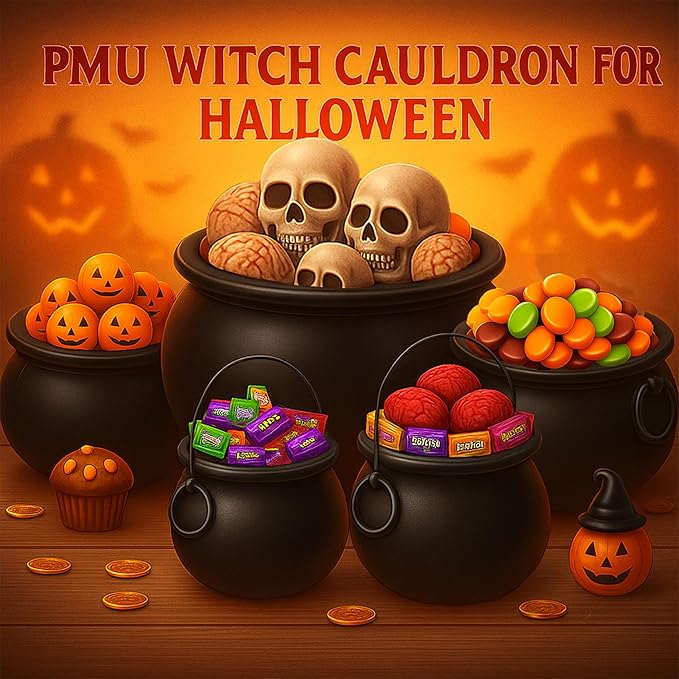 PMU 5pc- (22",16",12", 8",6") Halloween Cauldron Pot Kettle, Black Plastic Witch Cauldron, Halloween Party Candy Holder, Indoor & Outdoor Decorations
