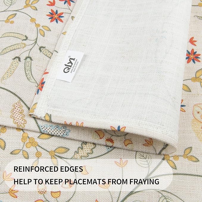 QIYI Boho Placemats Set of 6, 12x18 Inch Linen Fabric Place Mats for Kitchen Dinning, Farmhouse Rustic Floral Cloth Table Mats, Washable Placemat Folk Art Party Table Décor, Forest Birds