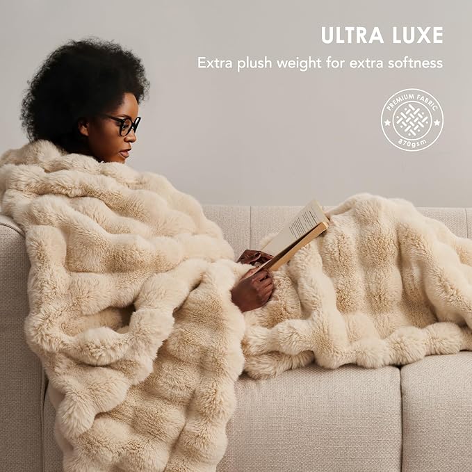 EVERGRACE Ultra Soft Luxury Fluffy Ridgeline Faux Rabbit Fur Throw Blanket, Thick Warm Bubble Throw for Bed, Cozy Plush Reversible Blankets for Couch, Chair, Sofa, Cream, 80x90 Inches, 870 GSM