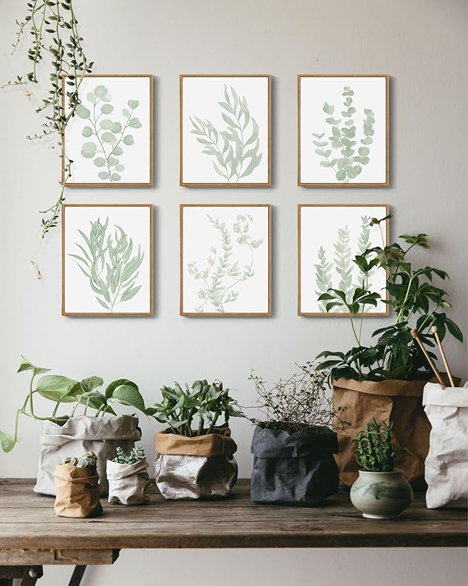 Drsoum Framed Botanical Plant Canvas Wood Wall Art Light Green Sage Wall Decor Eucalyptus Leaf Picture for Bedroom Living Room Bathroom Office 8βx 10β x 6pcs