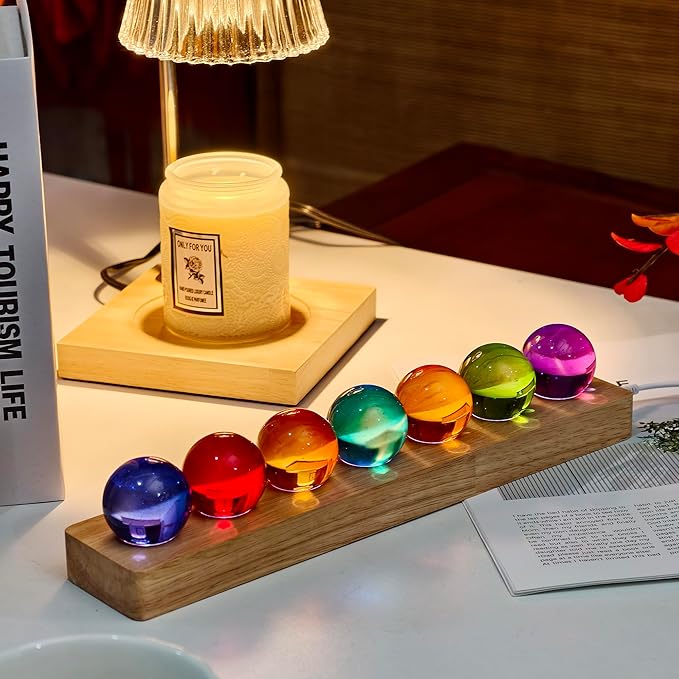 7pcs 40mm Multicolor Crystal Solid Ball Glass Spheres with LED Wooden Base Night Light Decoration Healing Sphere Balls with Stand for Home Living Room - Decorative Balls for Dinner Party Centerpiece