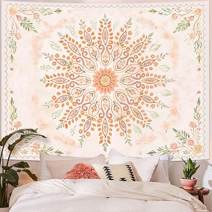 Lunerfex Floral Mandala Tapestry Boho Tapestry for Bedroom Peach Tapestries Wall Hanging Living Room Wall Art and Home Decor 44x60