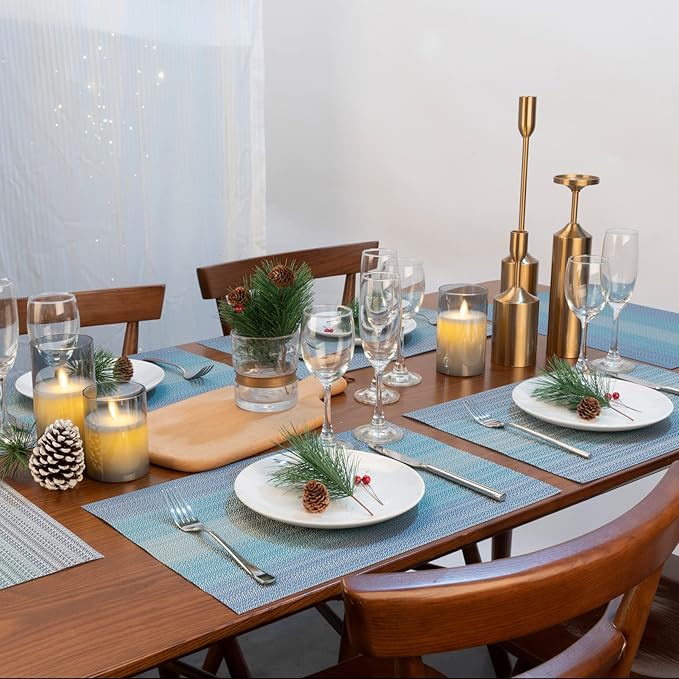 Winknowl Placemats, Set of 8 Heat Resistant Stain Resistant Woven Vinyl Insulation Placemats, Durable Washable Elegant Table Mats for Dining (Blue)