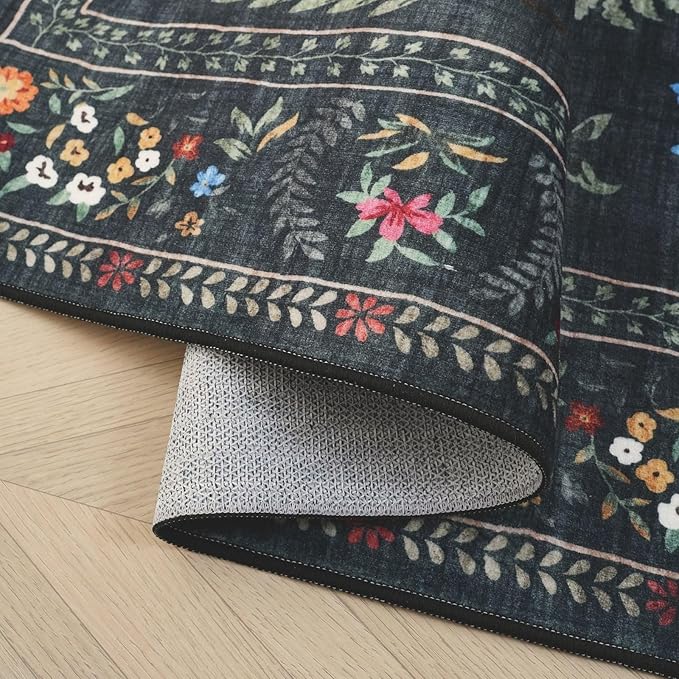 Area Rug 4x6 Rug Washable Boho Rugs Non Slip Low Pile Floral Animal Small Carpet for Bedroom, Bedside, Kids Room, Office, Dining Room (Green)