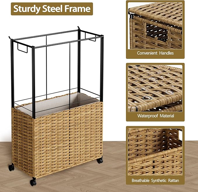 Rolling Laundry Hamper with Wheels and Lid, 90L Slim Laundry Basket with Removable Bag, Foldable Handwoven Rattan Laundry Sorter, Narrow Dirty Clothes Basket Organizer, No Assembly, Natural