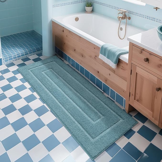HOMORE Bathroom Runner Rugs 24x70 Non Slip Washable Bath Rug Soft and Absorbent Microfiber Long Bathroom Rug Blue Plush Bath Rugs for Shower Floor, Spa Blue