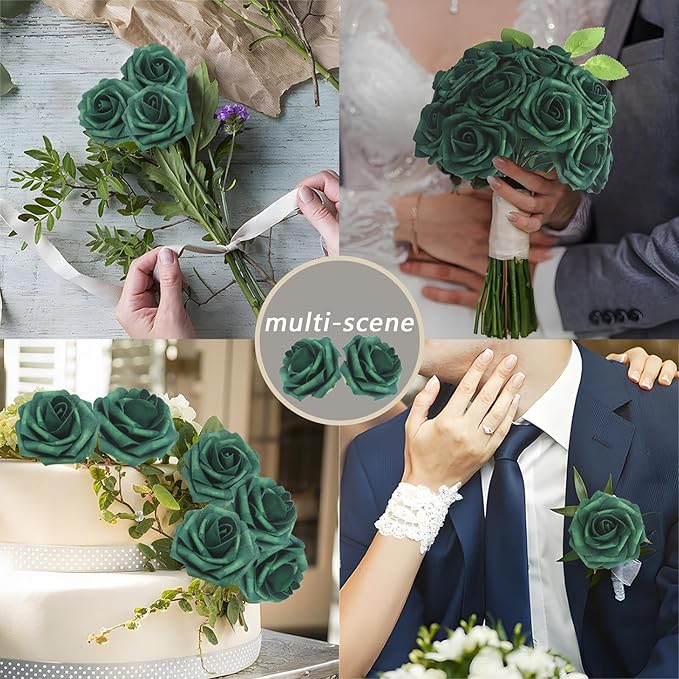 Artificial Flowers Roses Real Looking Foam Fake Roses with Leaves and for DIY Wedding Bouquets Bridal Shower Centerpieces Party Decorations (Peacock Green, 100)