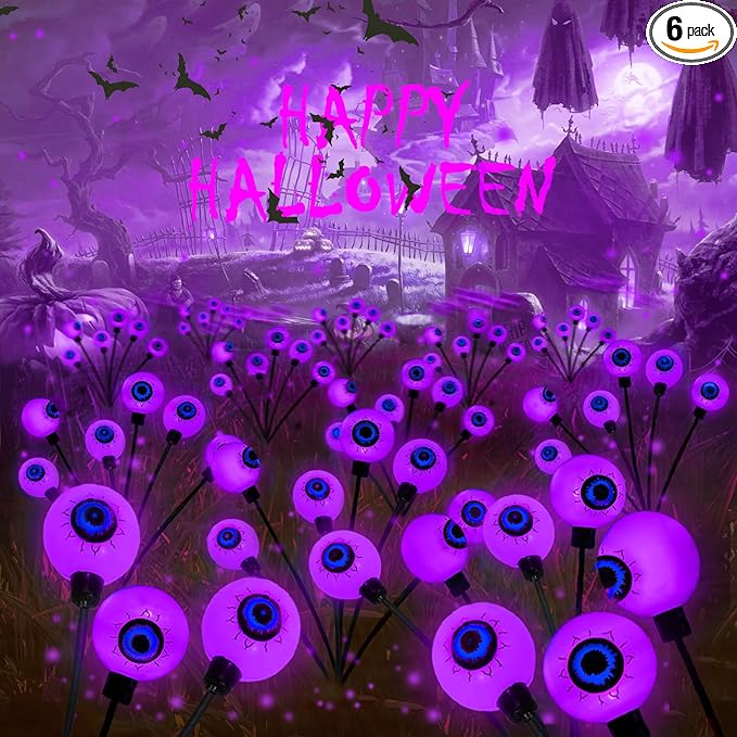 6Pack 36LED Purple Solar Halloween Eyeball Lights Outdoor, Solar Garden Lights Outdoor Waterproof, Firefly Light Swaying by Wind with 2 Modes for Pathway Patio Yard Garden Halloween Decorations