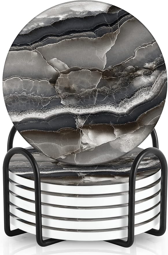 Emerson Essentials Coasters for Drinks Absorbent with Holder, Set of 6, Cork Backing Ceramic Stone Marble Style for Wooden Coffee Bar Tables, Glass Tabletop Non Slip, with Stand