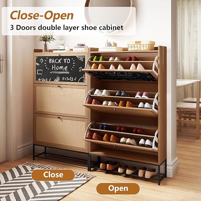 AVZEAR Shoes Cabinet, Narrow Shoes Storage Cabinet with 3 Flip Drawers, Free Standing Shoe Racks Organizer Farmhouse Tipping Bucket with Blackboard, Shoes Cabinet Storage Entryway Hallway, Natural
