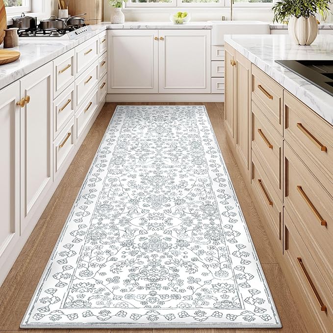 Floral Runner Rug 2x8 Hallway Washable Blue Kitchen Carpet Non Slip Boho Thin Farmhouse Throw Accent Long Rug for Laundry Bathroom Office Bedroom