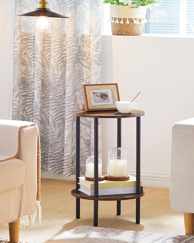 Round Side Table, 2-Tier End Table, Small Round Nightstand with Sturdy Metal Tube, Industrial Circular Coffee Table, for Living Room, Bedroom, Rustic Brown and Black TBZ01BF