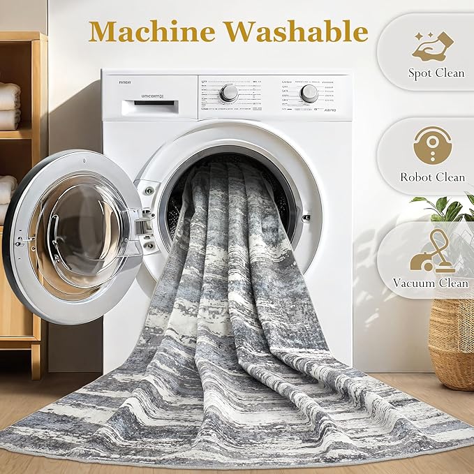 Area Rugs for Living Room: 8x10 Abstract Washable Rug Modern Neutral Large Soft Stain Resistant Non-Slip Backing Machine Table for Bedroom Dining Room Indoor Home Office Carpet - Black/Blue
